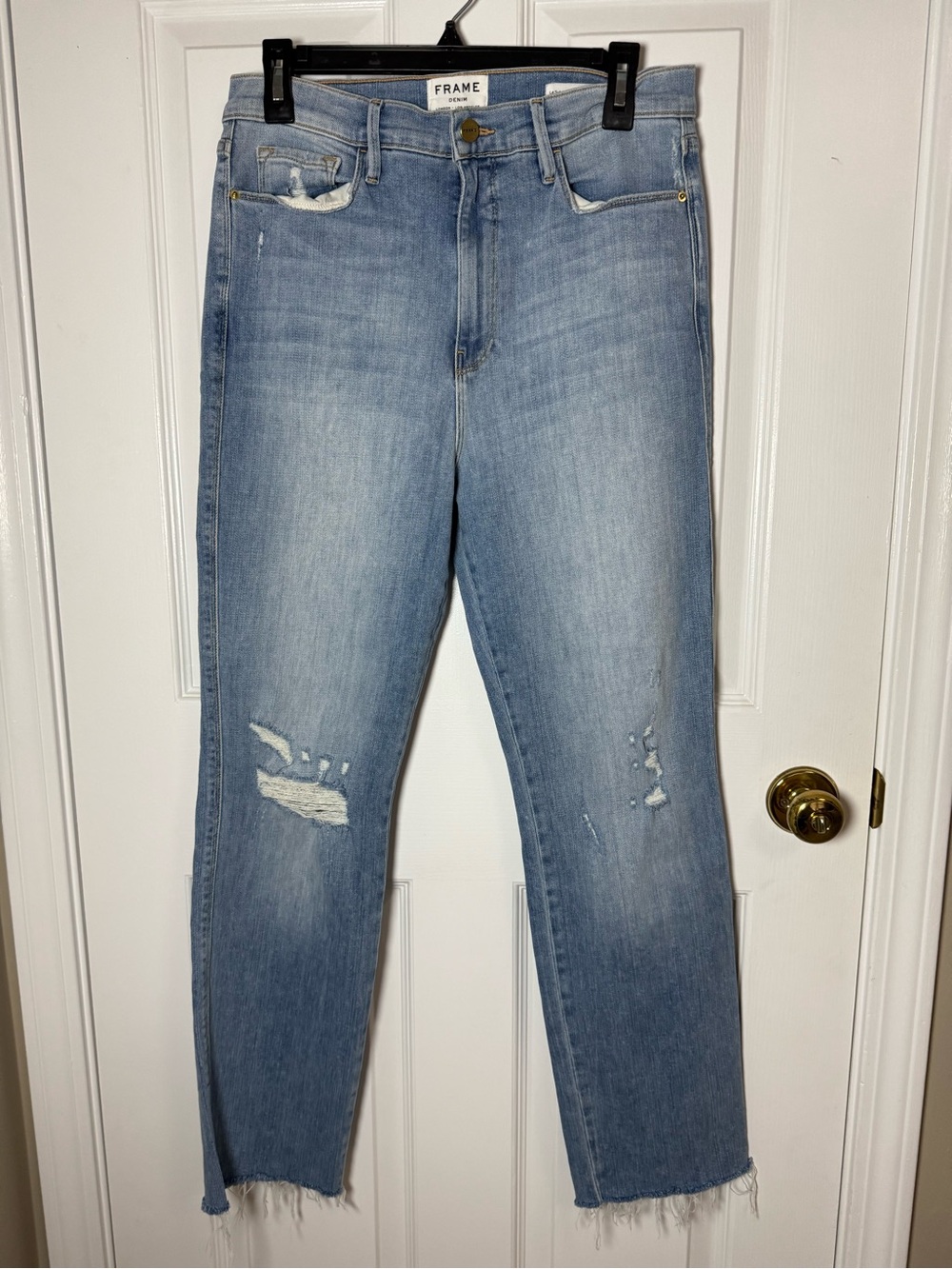 FRAME Le Sylvie Slender Straight Jeans Distressed Overdrive Raw Hem High Rise 32